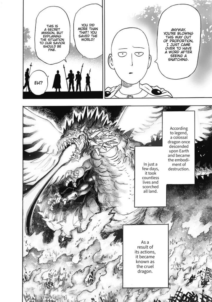 Saitama says they are exaggerating, but the knight tells a legend of a colossal dragon that burned all the land.