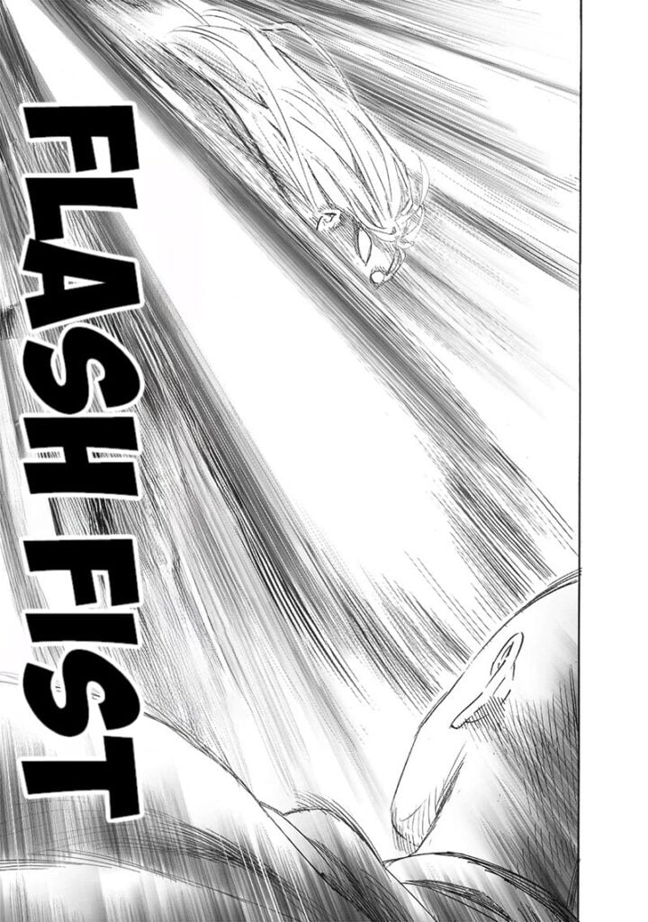 Flashy Flash launches a very swift punch to Saitama called Flash Fist.