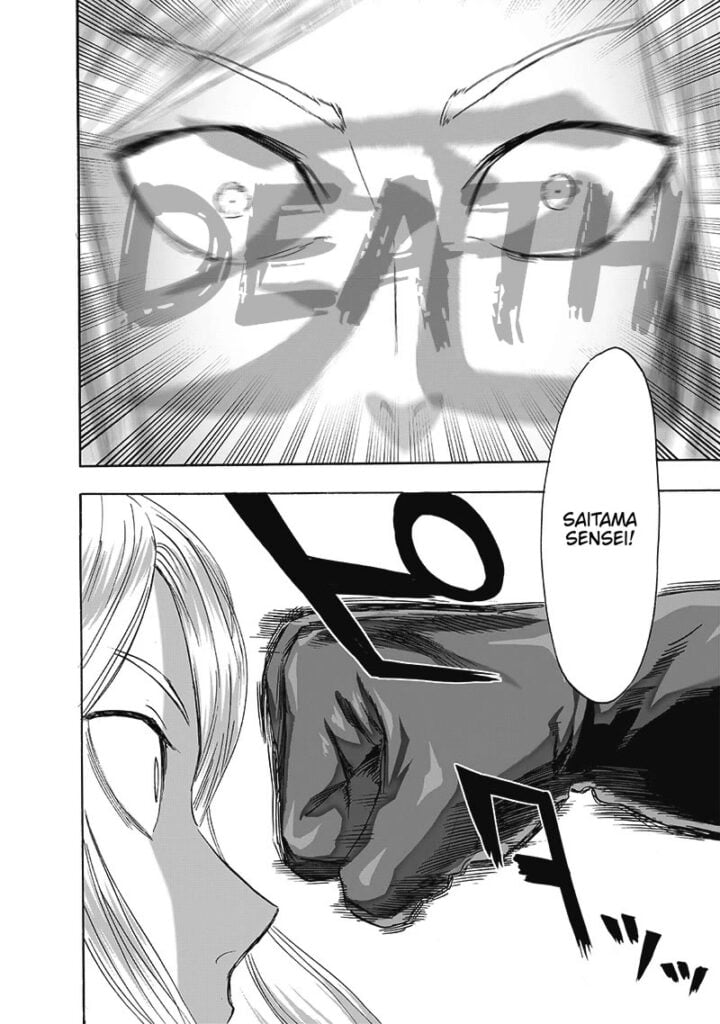 The word "DEATH" displays in front of Flashy Flash's face but Saitama's fist stops one inch from his face after somebody calls him.