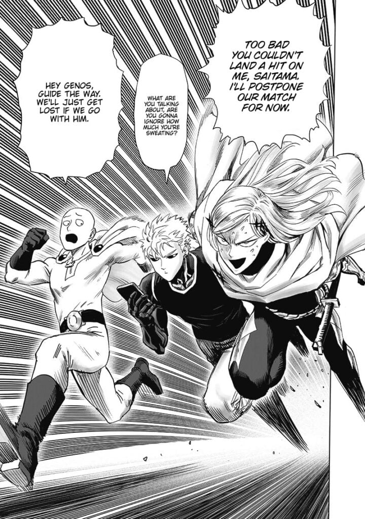 Saitama, Genos, and  Flashy Flash run after Genos informs them of a monster attack.