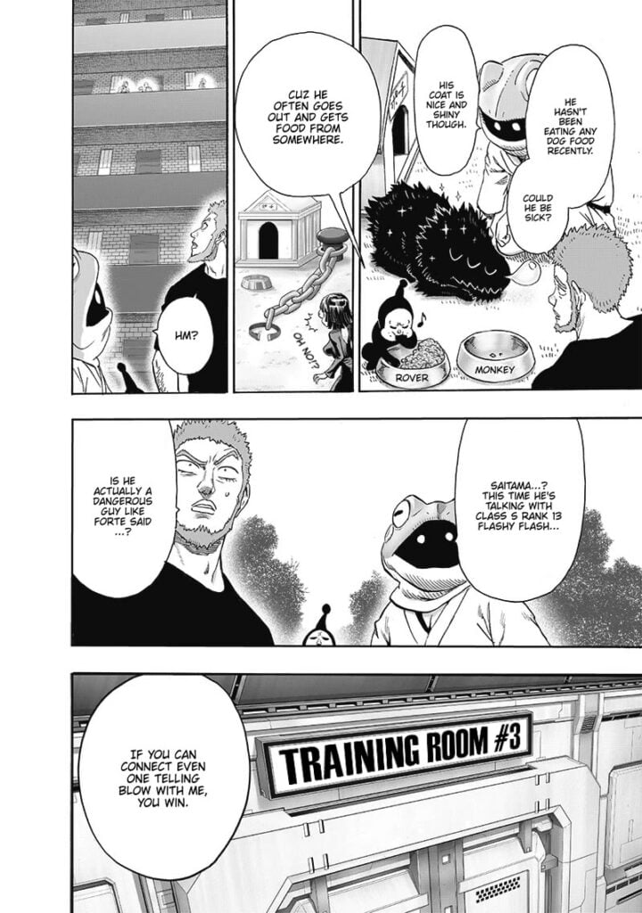 Some heroes feed the monster dog Rover and Black Sperm while they discuss Saitama talking with Flashy Flash.