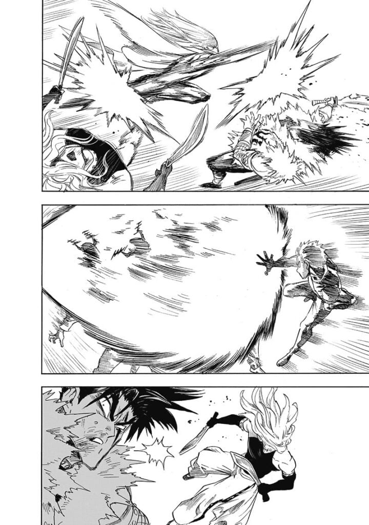 Flashy Flash attacks the two ninjas while Genos incinerates the three monsters with a blast from his arm.