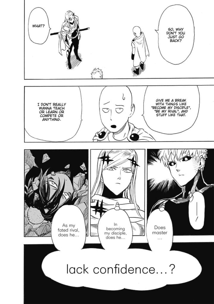 Saitama looks uninterested, but Genos, Flashy Flash, and Sonic think he just lacks confidence.