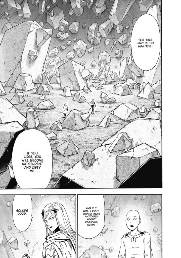 Cut to the scene inside the training room with lots of rocks. Flashy Flash challenges Saitama to a fight.