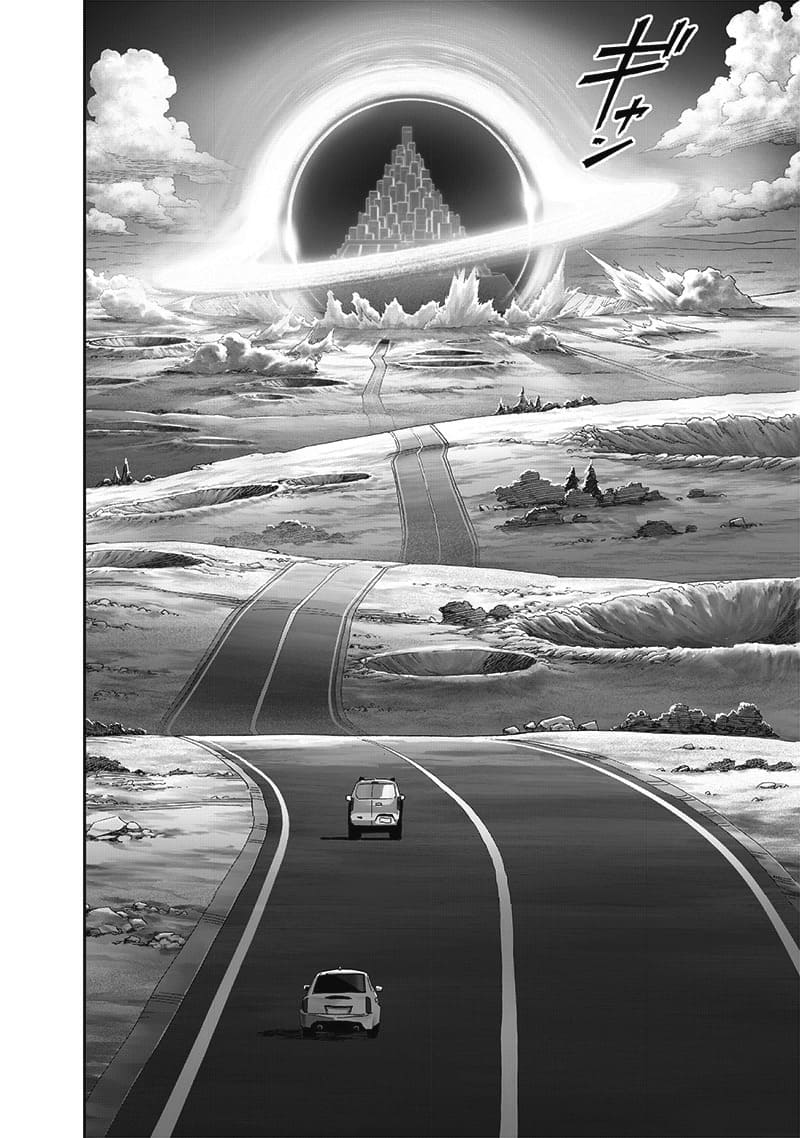 As seen from outside, two cars head towards the H.A. Base, which is now inside a black hole.