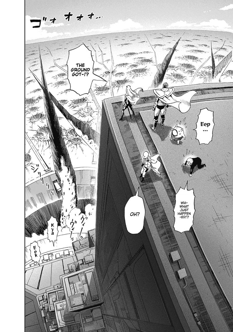 Flashy Flash, Saitama, Manako, Blast, and Sitch appeared from the black hole. They see the massive slash from the rooftops.