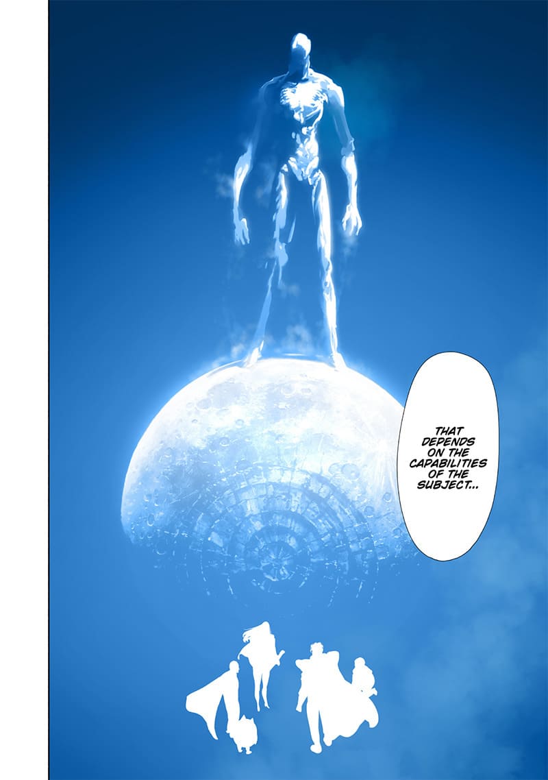 A huge being standing on the moon watching the white silhouettes of Blast, Flashy Flash, Saitama, Manako, and Sitch.