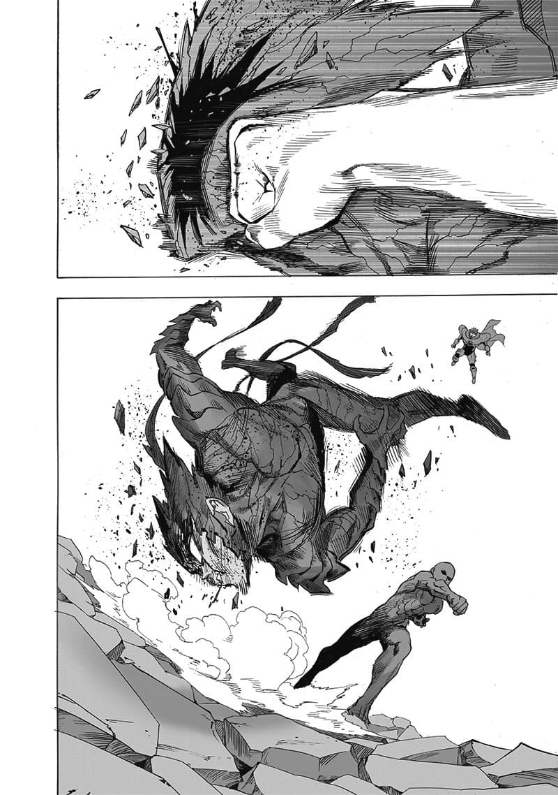 Garou tumbles after Saitama punches him in the face. Blast watches from above while hovering.