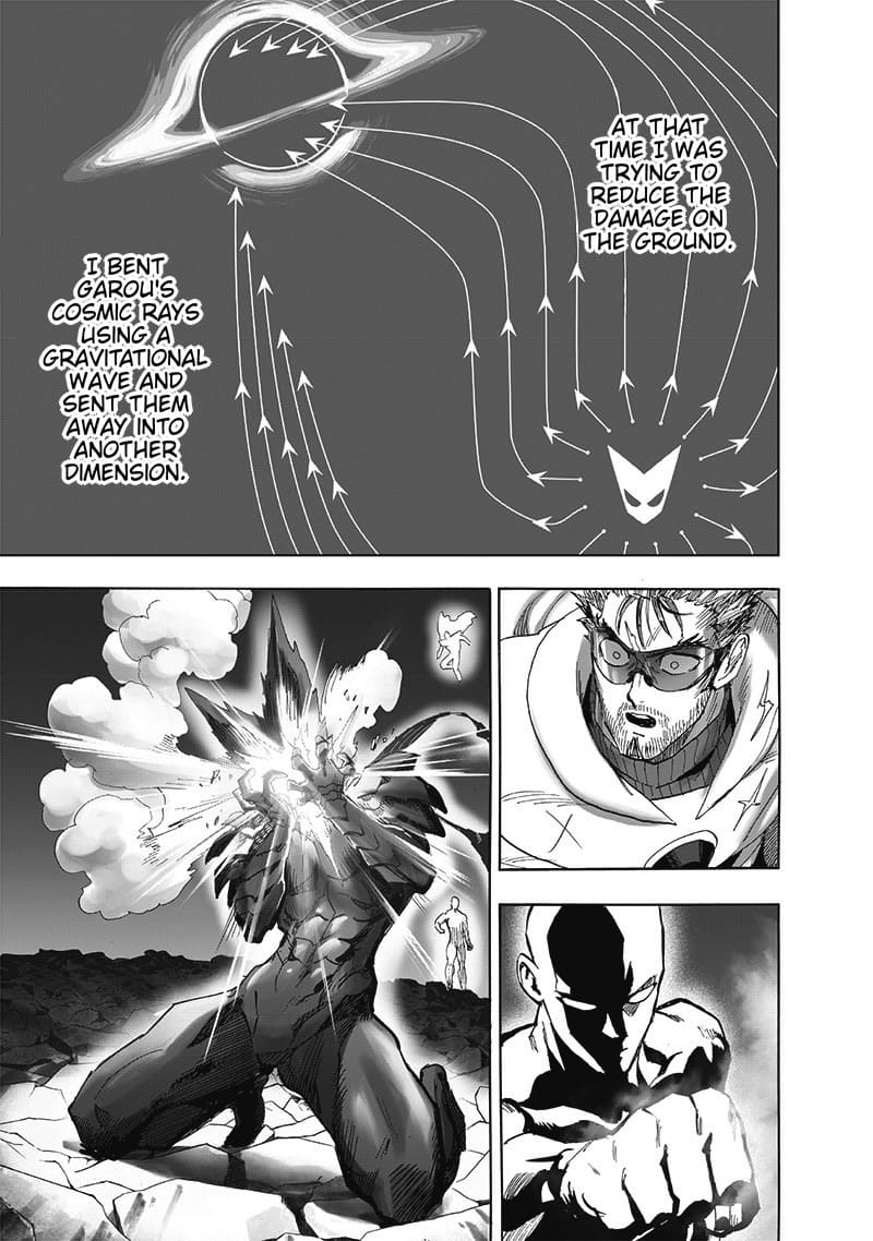 A diagram shows Garou's cosmic energy redirected to a Blast's black hole. Garou kneels, holding his smoking face.