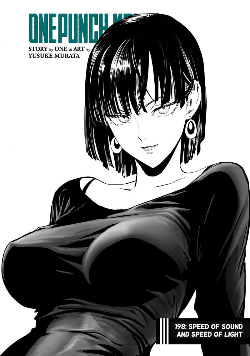 One Punch Man Chapter 198 - Page 1
Pretty Fubuki is sitting down with nice boobs bulging from her fitting black clothes in One Punch Man Chapter 198.