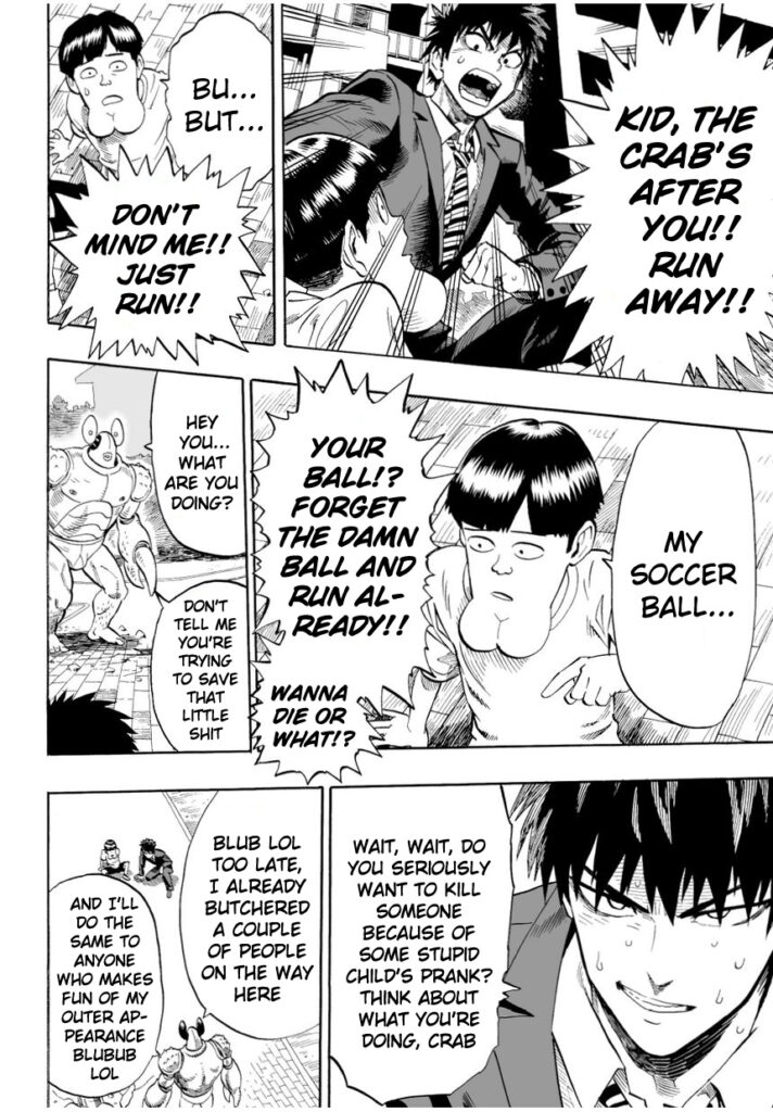 Saitama is telling the kid to run while negotiating with the crab not to take the kid's prank seriously.