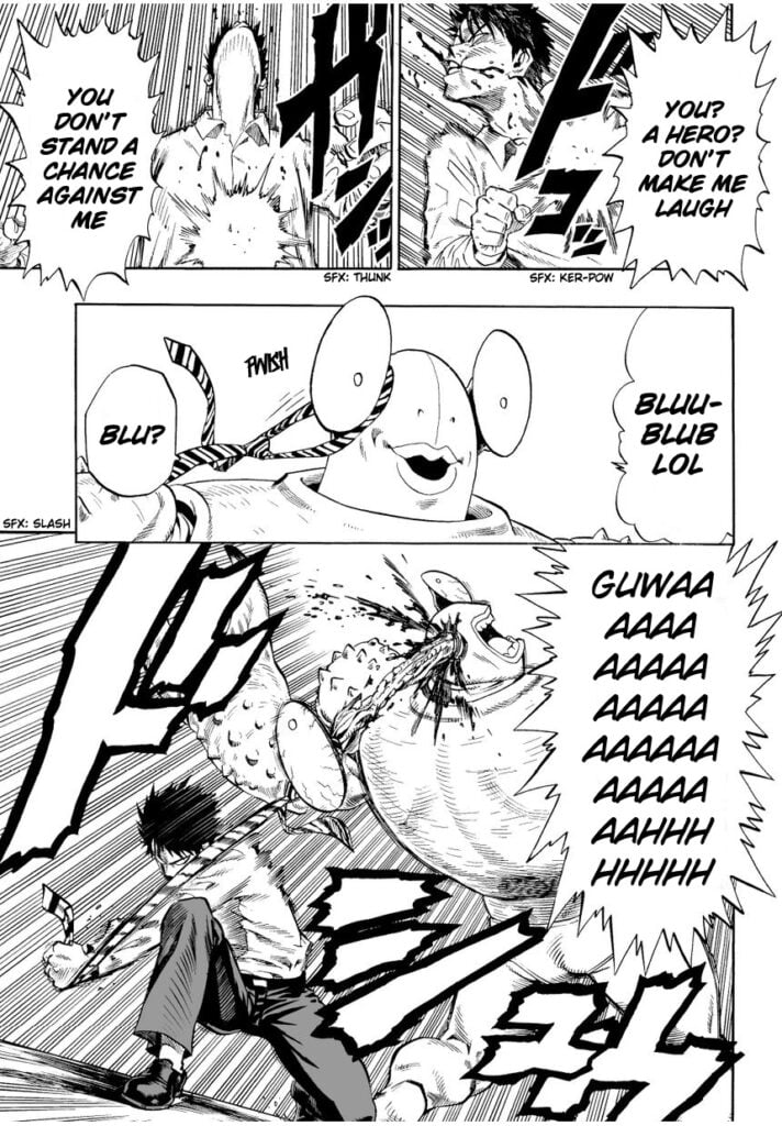 Saitama makes a counter attack by tying the monster's eye with his neck tie and pulling it out and killing him.