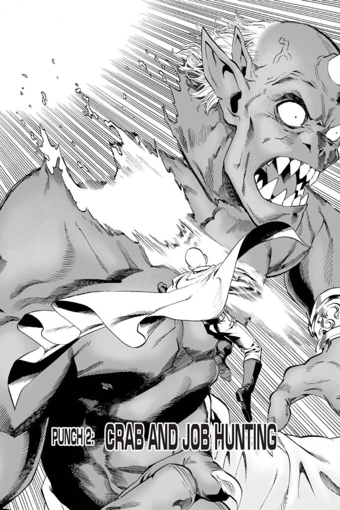 The main character Saitama destroying a monster with his fist.