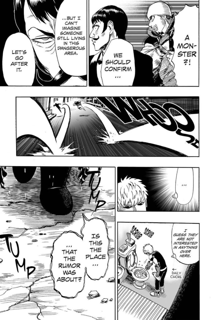 The two heroes chase something or someone while Genos scrubs the toilet.