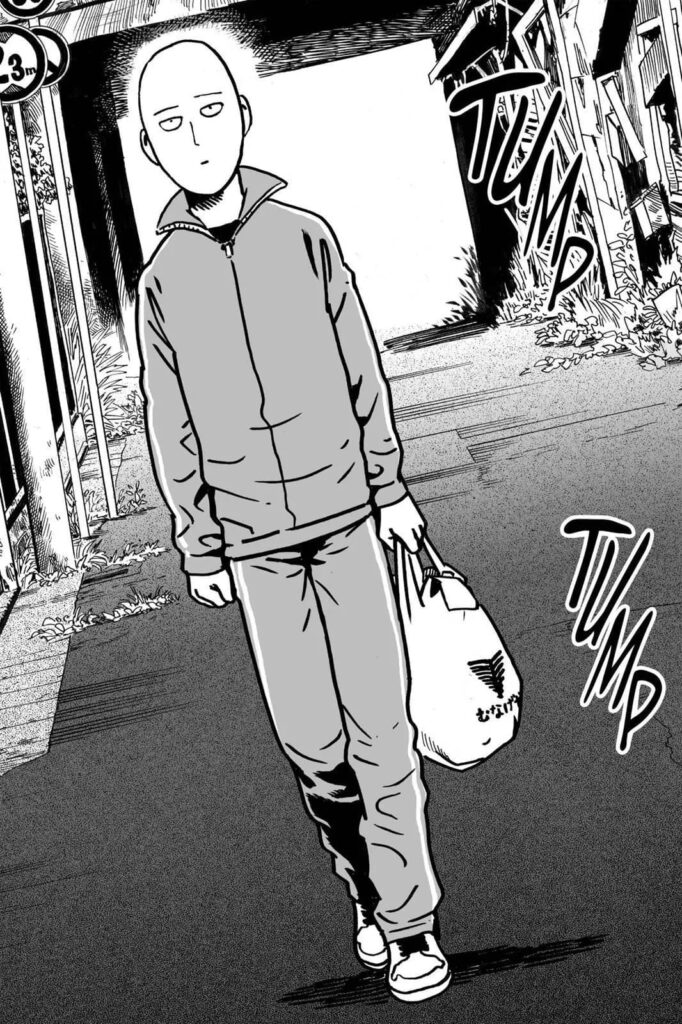 Saitama, with his iconic poker face, walks with a grocery bag in his hand.