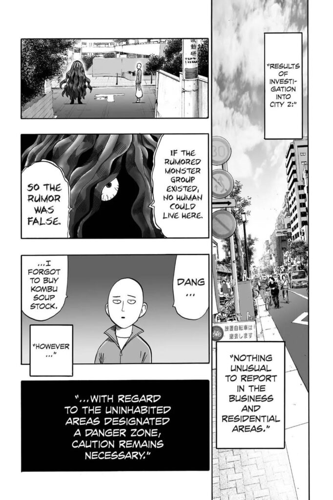 Saitama, with his iconic poker face, walks with a grocery bag in his hand.