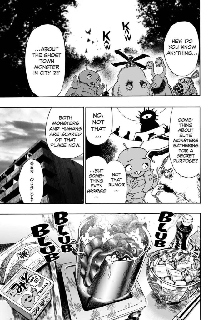 Monsters in their headquarters talk about the state of City Z, while a pot of boiled kombu is seen at the last panel.