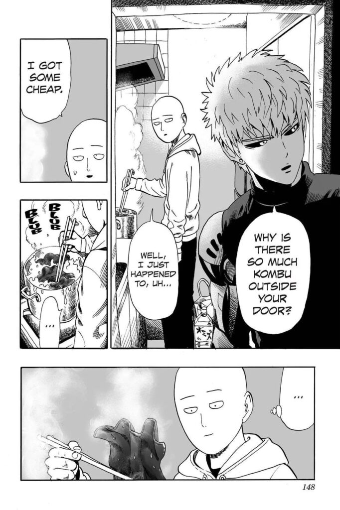 Saitama cooking the kombu, and he's ready to eat it with chopsticks.