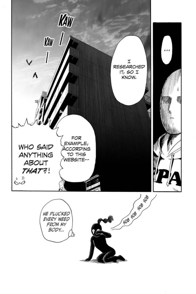 Saitama looks appalled at Genos' trivia, while Infinity Kombu is seen below with only one hair left.