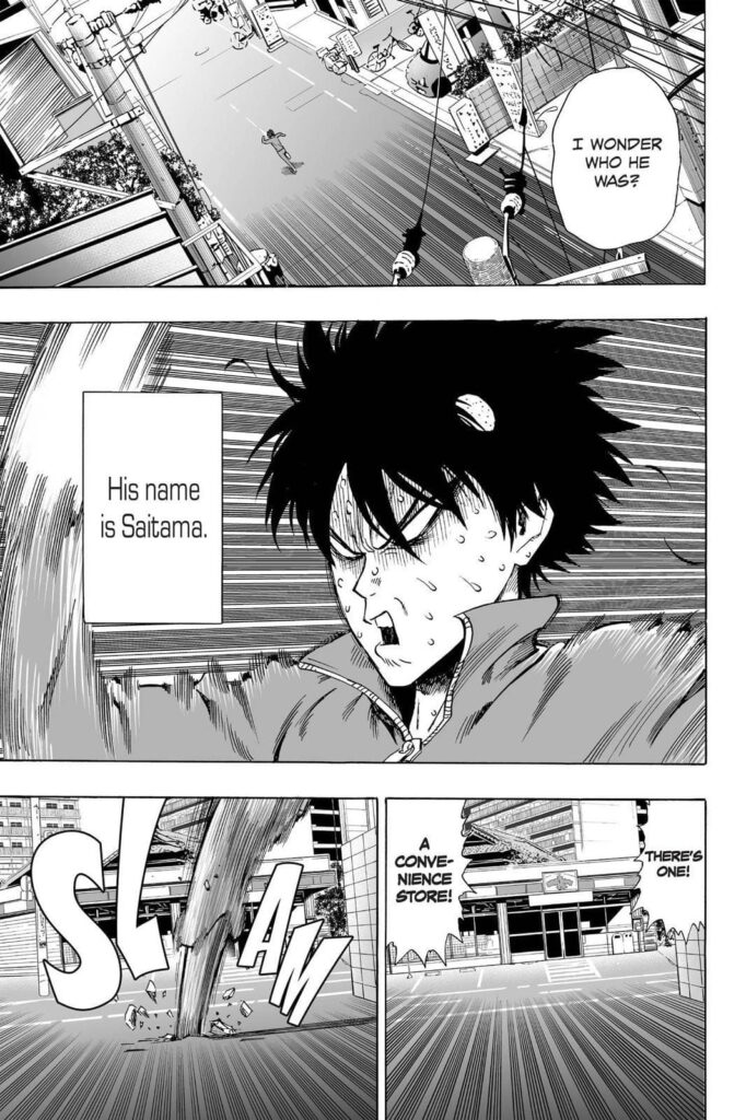 Saitama seriously runs while face sweating profusely as he heads into a convenience store.