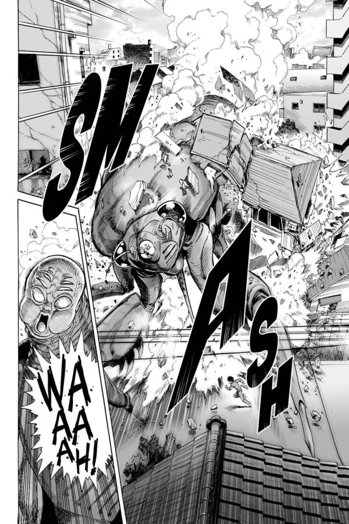 The huge monster crashes into a building, trying to attack Saitama.