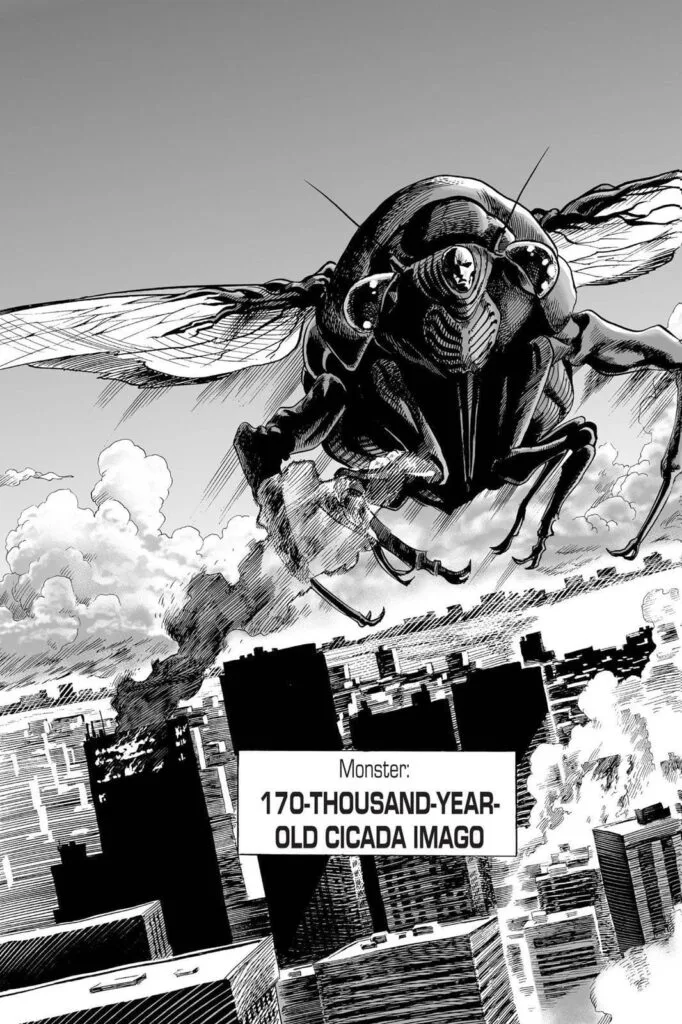 Another monster, the 170-thousand-year-old Cicada Imago, flies above the city.