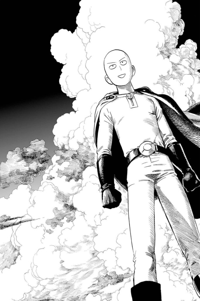 Saitama makes a severe happy face and his fist clenched while standing.