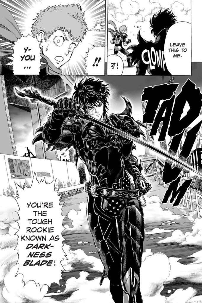 B-Class Hero, Rank 61 Darkness Blade, appears wearing black suit armor and a thin sword.