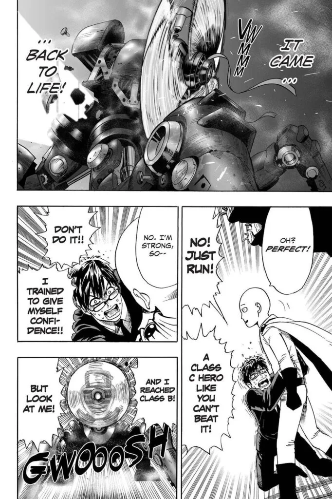 The monster reconstructs himself while the young man begs Saitama to run because he is Class C.