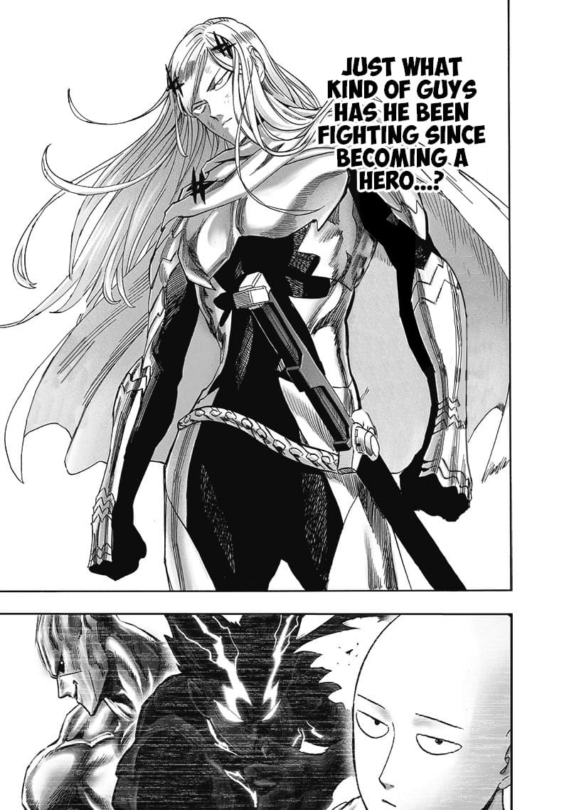 Flashy Flash stands while clenching his fist and remembers his fights against Saitama, God Mode Garou, and Golden Sperm.