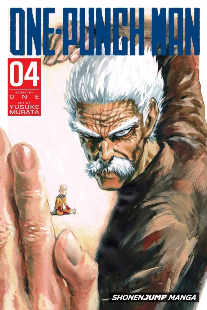 Martial Artist Silver Fang Bang is in a fighting stance with his palms open while Saitama sits in the background.