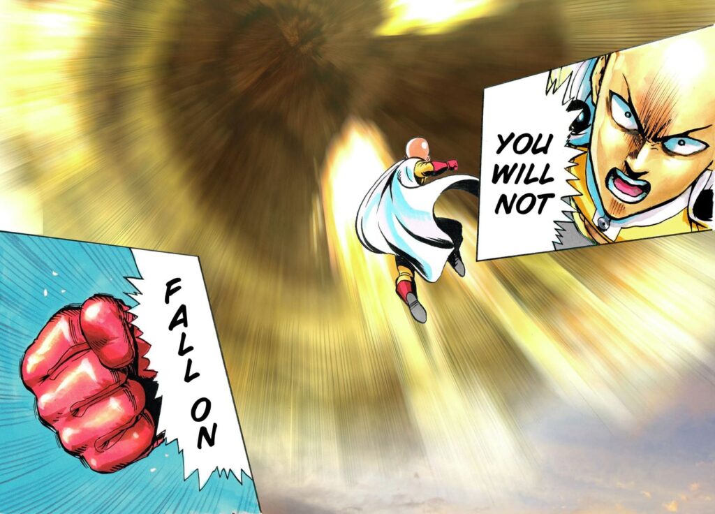 Saitama seriously clenches his fist and recoils it backward to deliver a punch to the meteor.