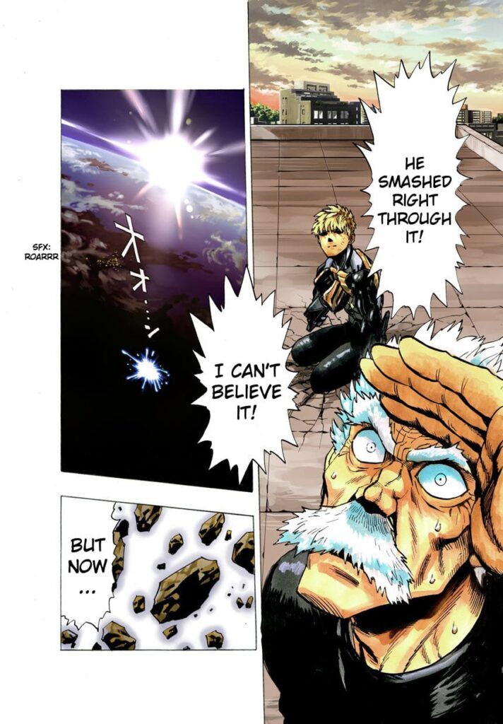 The explosion is seen from outer space while Genos and Bang watch in disbelief.