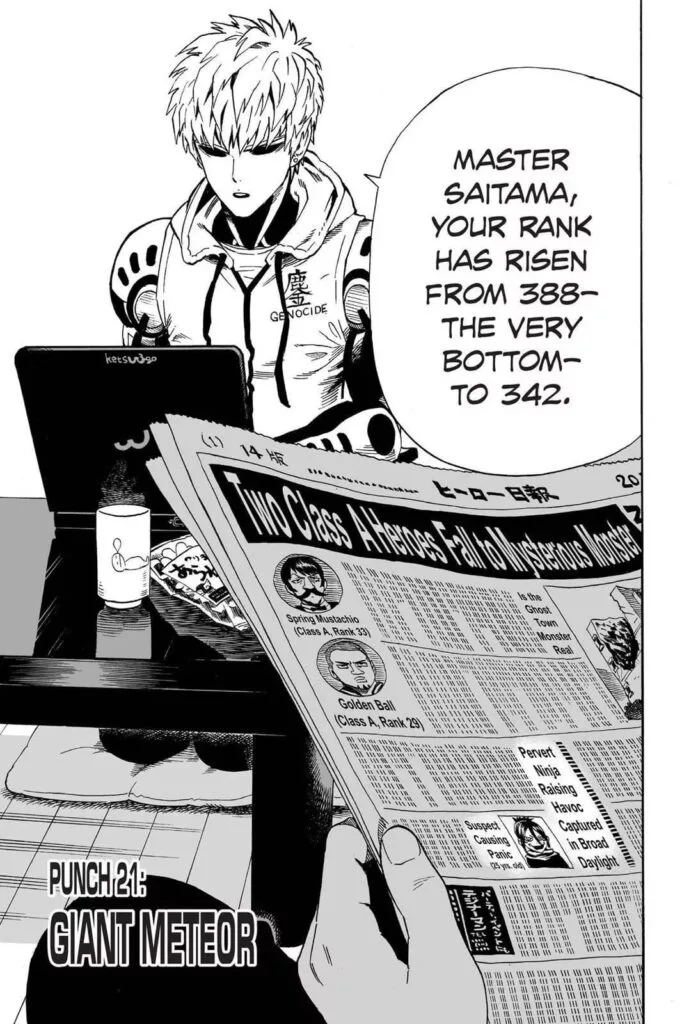 Genos informs Saitama about his rank increase while his Sensei reads the newspaper regarding the previous day's incidents.