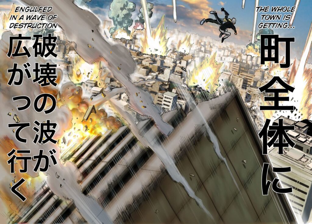 Bang jumps from the building holding Genos while the meteorite debris destroys the town.