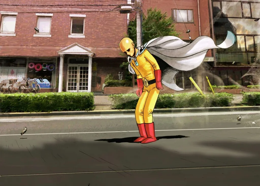 Saitama looks serious as he stands up in his usual costume.