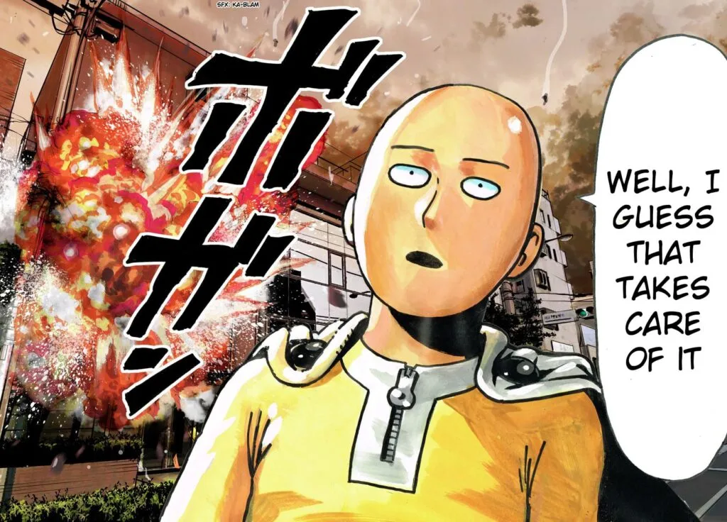 Saitama called it a day while another piece of debris exploded after hitting a nearby building.