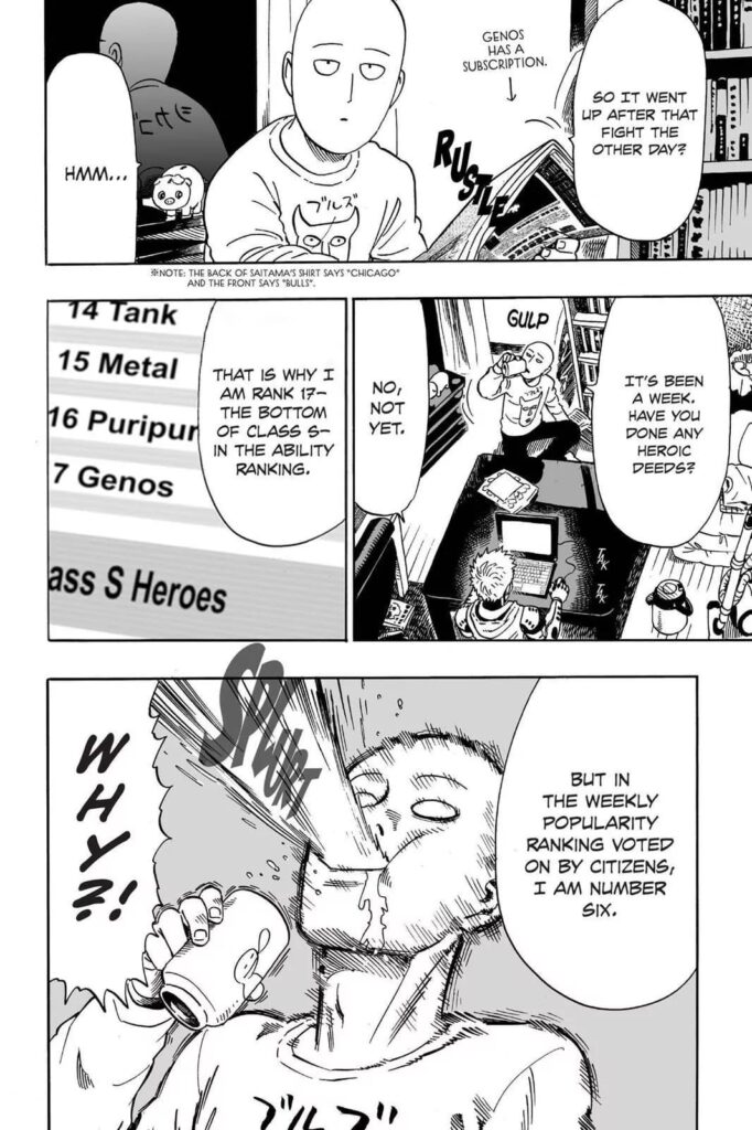 Saitama throws his tea in the mouth after knowing Genos' popularity rose to number 6.