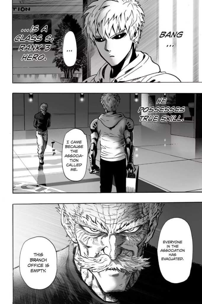 Bang, an S-Class Rank 3 hero, informs Genos that the office is evacuated.