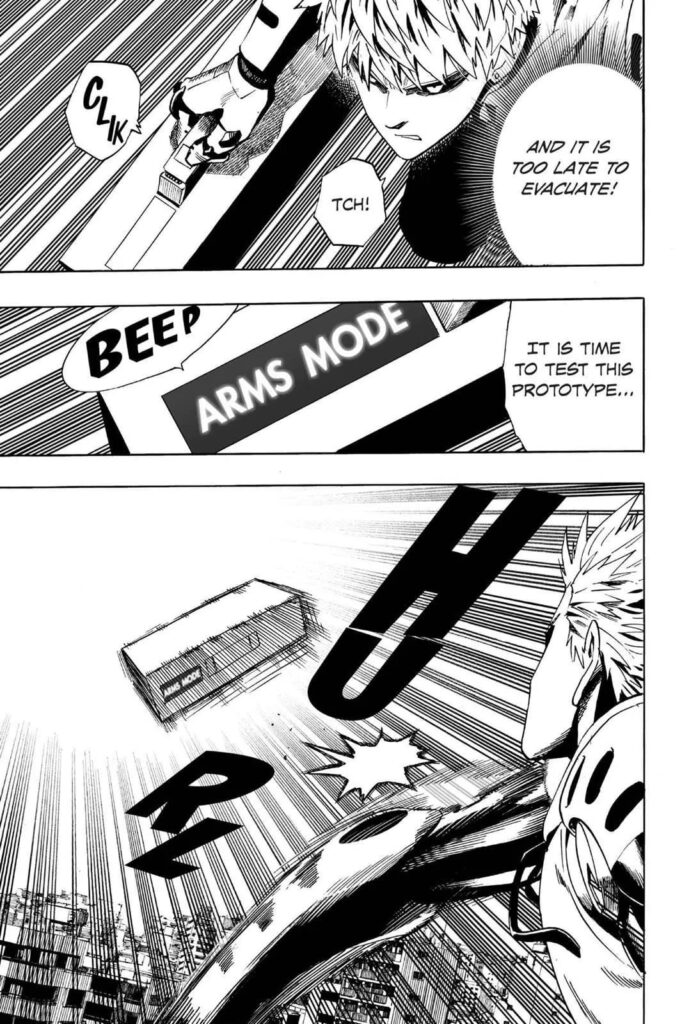 Genos throws the case as soon as he engages it to "ARMS MODE".