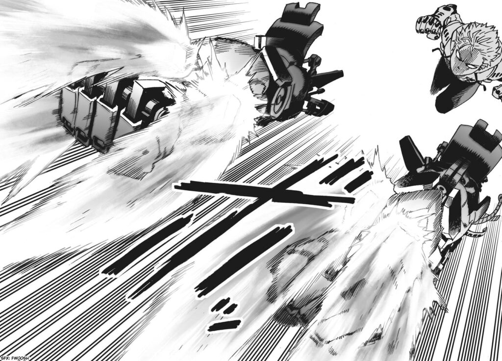 Two arms appear from the case, and Genos chases it, aiming to dock.