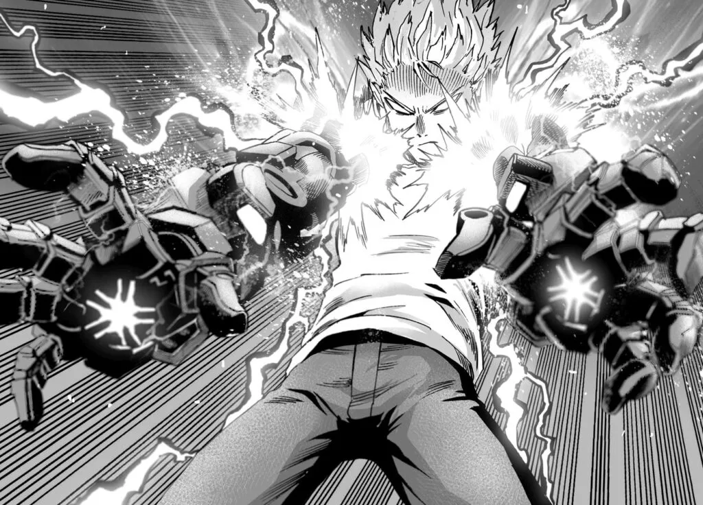 Lightning appears around the shoulders as Genos merges with the cyborg's arms.