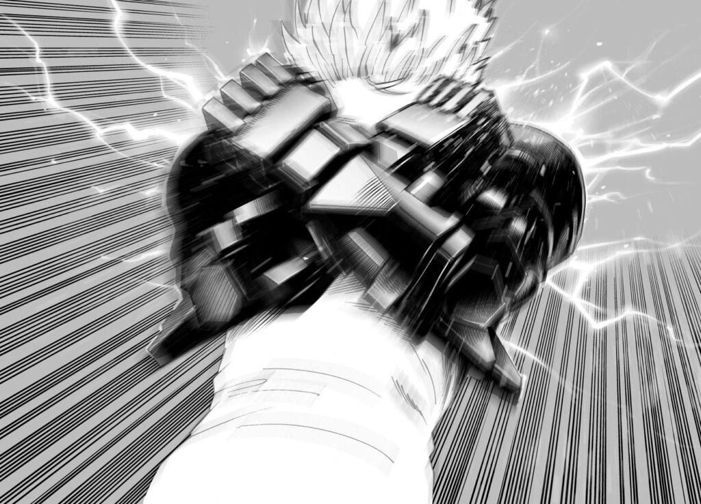 Genos crosses his arms in front of his body as lightning continues to appear on his shoulders.