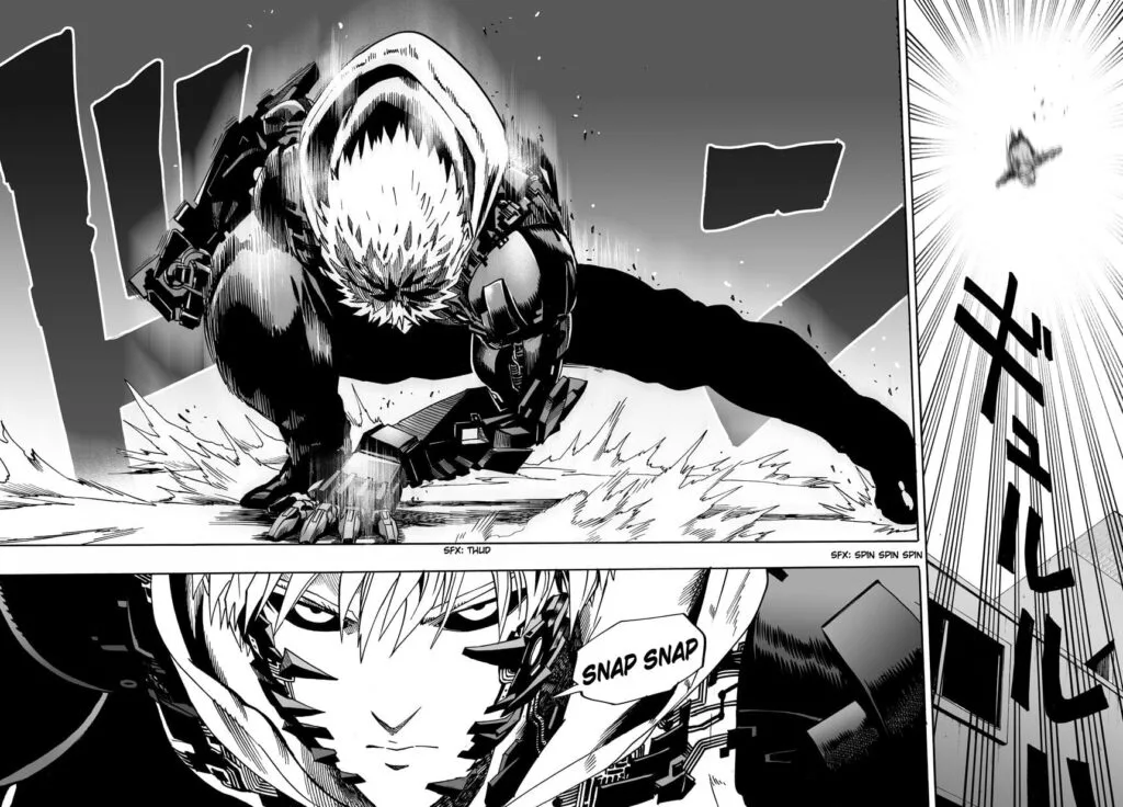 Genos lands in superhero landing mode, and his face is now merged with the new technology.