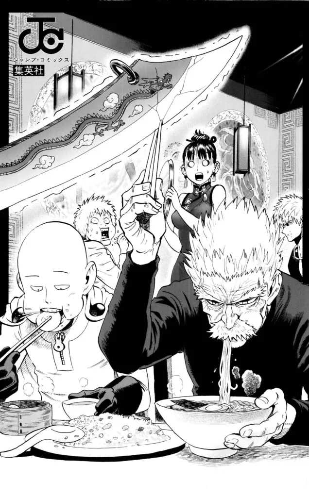 Bang stops a blade from chopping him using a chopstick while he and Saitama are eating.