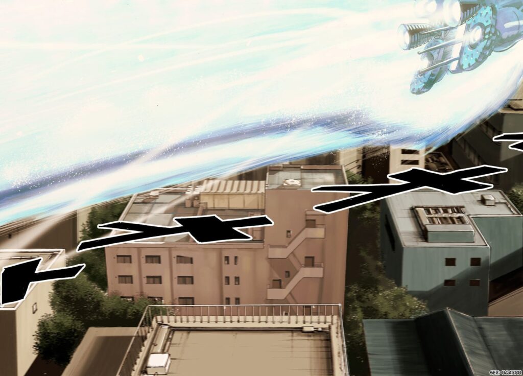 The robot flies close to the buildings but at a safe distance.