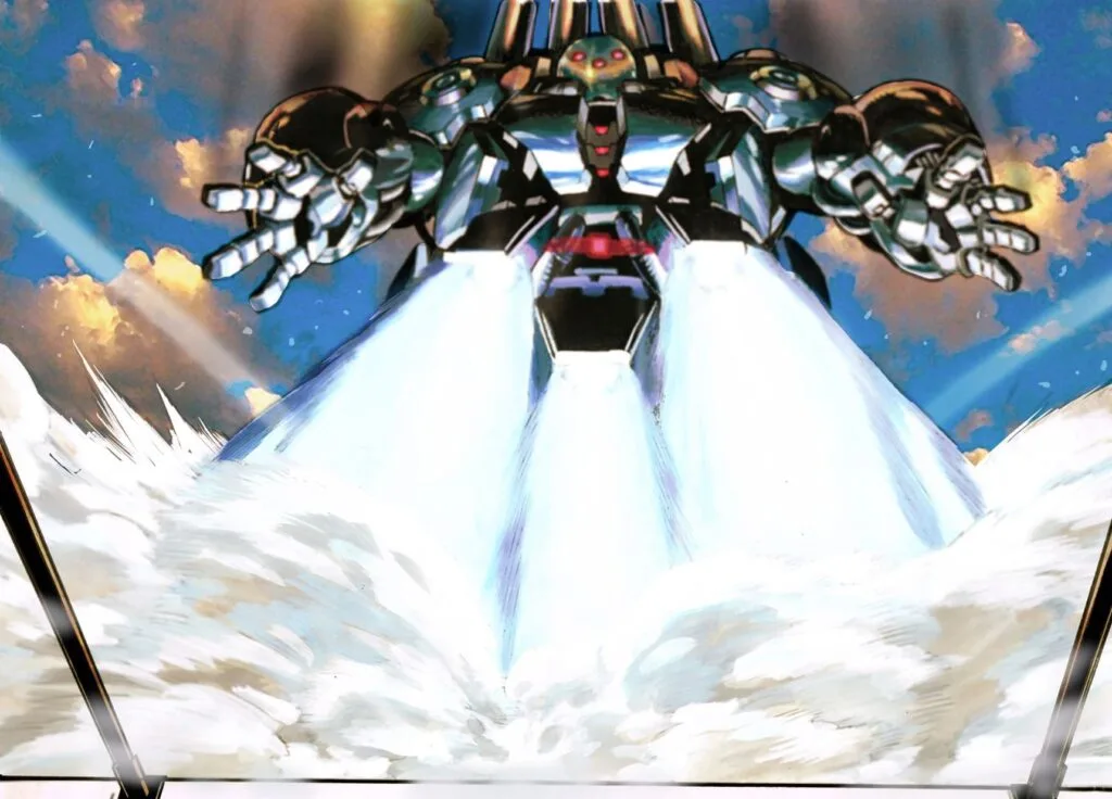 The boosters glow brighter and more intensely, revealing the new robot that flew on top of Genos.