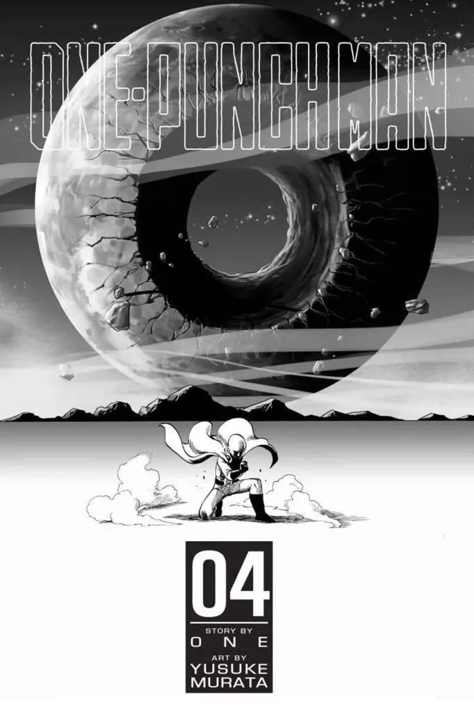 The moon with a hole like a donut while Saitama is seen crouching and his fist clenched.