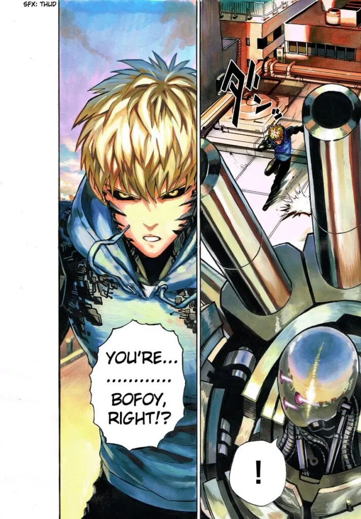 Genos lands behind him, identifying the robot as Bofoy.