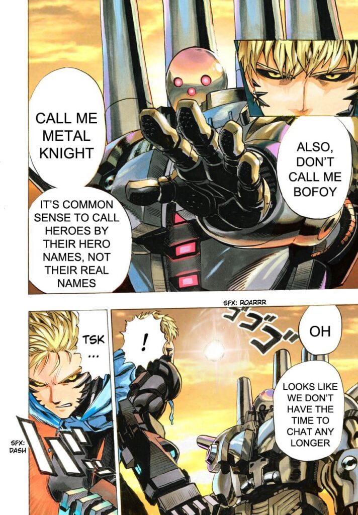 The robot tells Genos to call him by his hero name, which is Metal Knight, while the meteor approaches.